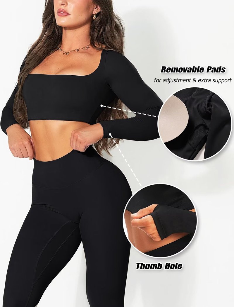 TZLDN Women's Long Sleeve Crop Tops Workout Tops Sqaure Neck Padded Gym Athletic Yoga Sports Bra Compression Shirts Black - X-Small