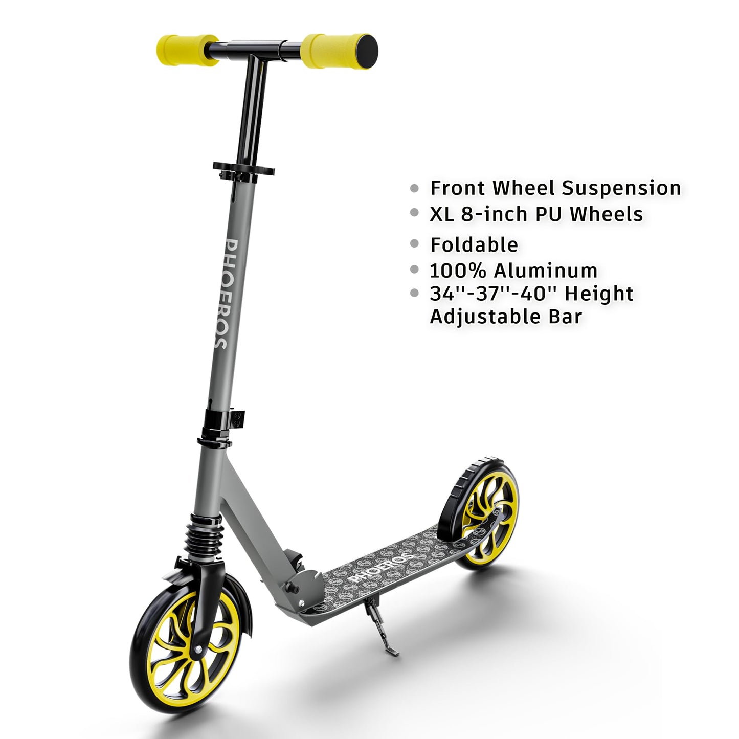PHOEROS Kick Scooter for Kids Ages 6-12,Teens & Adults, Youth. Lightweight Aluminum Kick Scooter for Teens Adults Boys Girls with 8 inch Big Wheels, Foldable, 3 Height Adjustable, Shock Absorption.