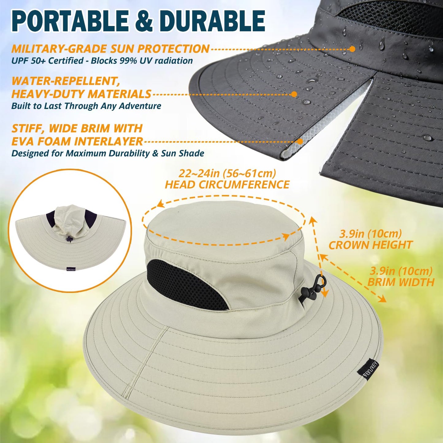 EINSKEY Unisex Sun Hat, Waterproof Wide Brim Bucket Hat Packable Boonie Hat for Fishing Hiking Gardening Safari Beach