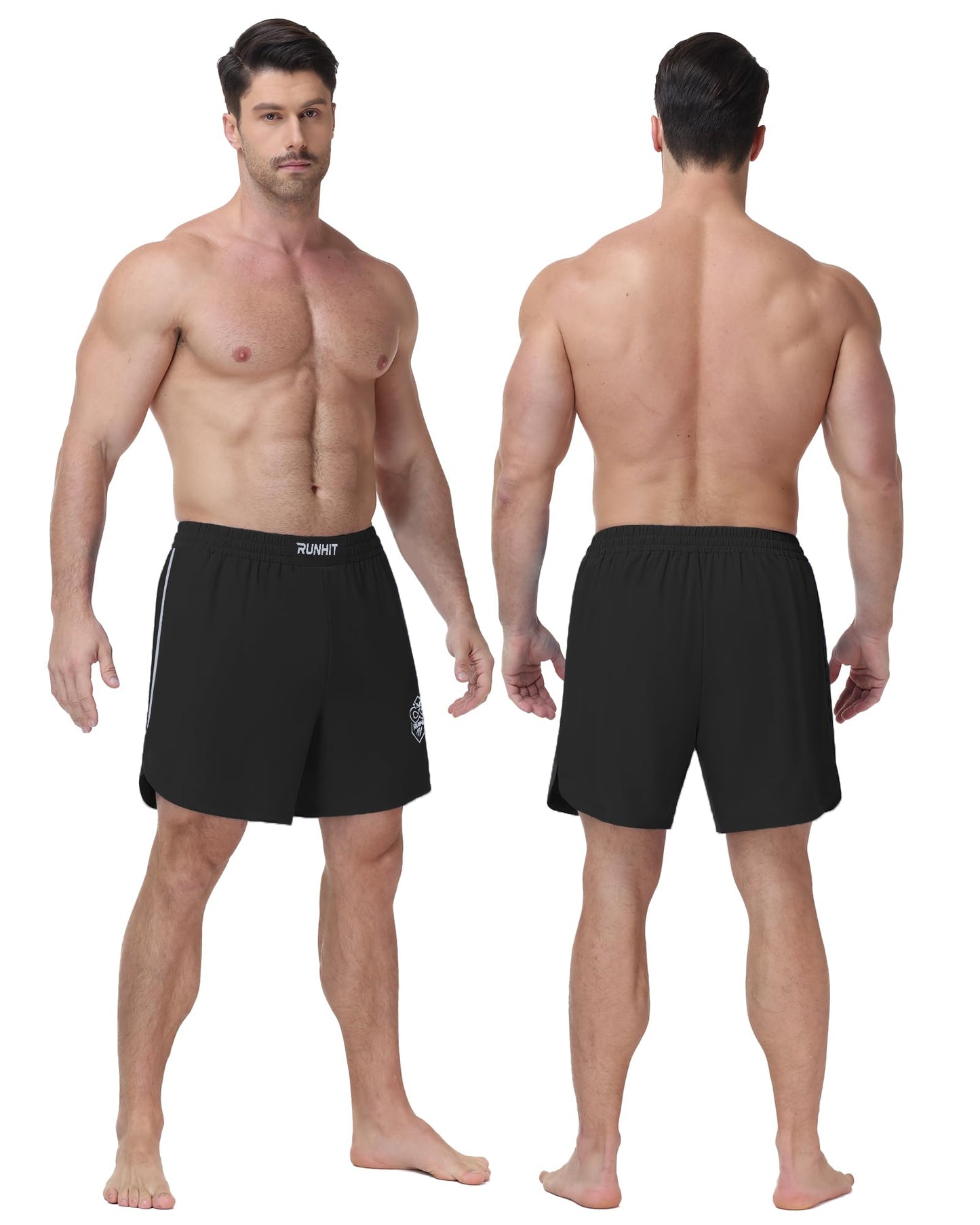Runhit Men's Muay Thai Shorts – MMA Fight Shorts for BJJ, Wrestling, Boxing, No Gi, Jiu Jitsu, Training, Cage Fighting, Grappling, Kickboxing Black L
