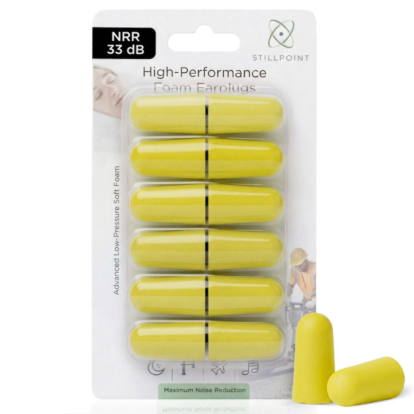 Soft Foam Earplugs, 33 dB NRR, (6 Pair 12 Ear Plugs) Maximum Protection for Sleeping; Silence Snoring, Airplanes, Airports, Power Tools, Phone Conversations, Loud Work Environments (Yellow)