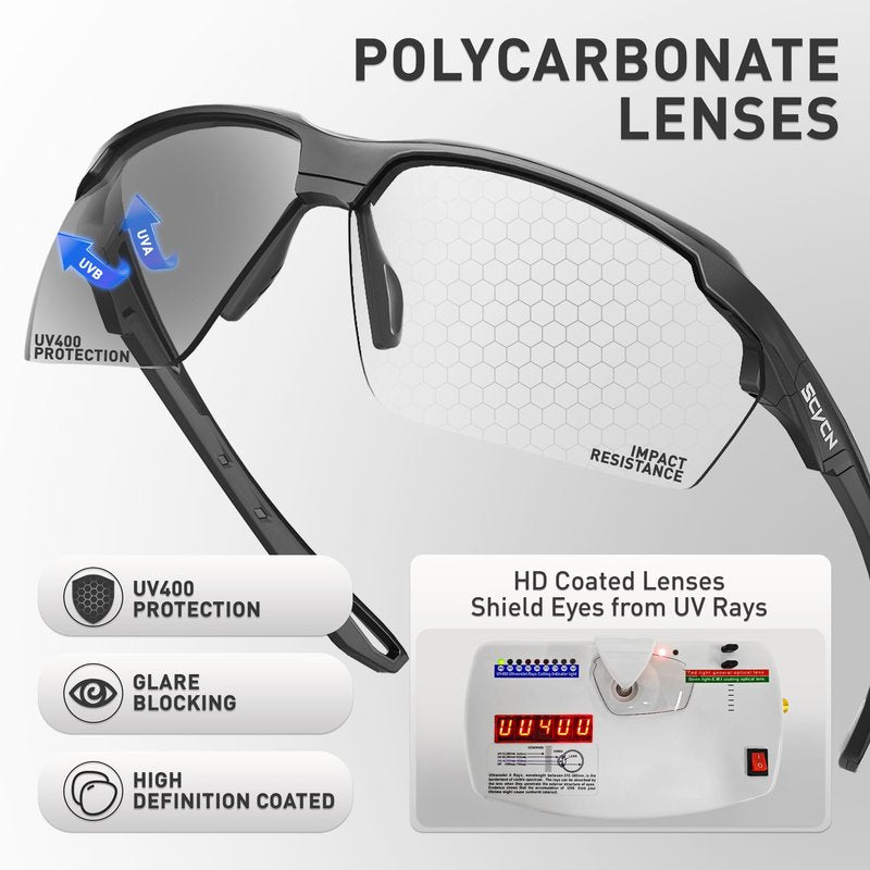 SCVCN Photochromic Sunglasses Sports Cycling Glasses for Men Women Youth Clear Cycling Glasses UV400 Protection Baseball Driving MTB Running Softball 01+06