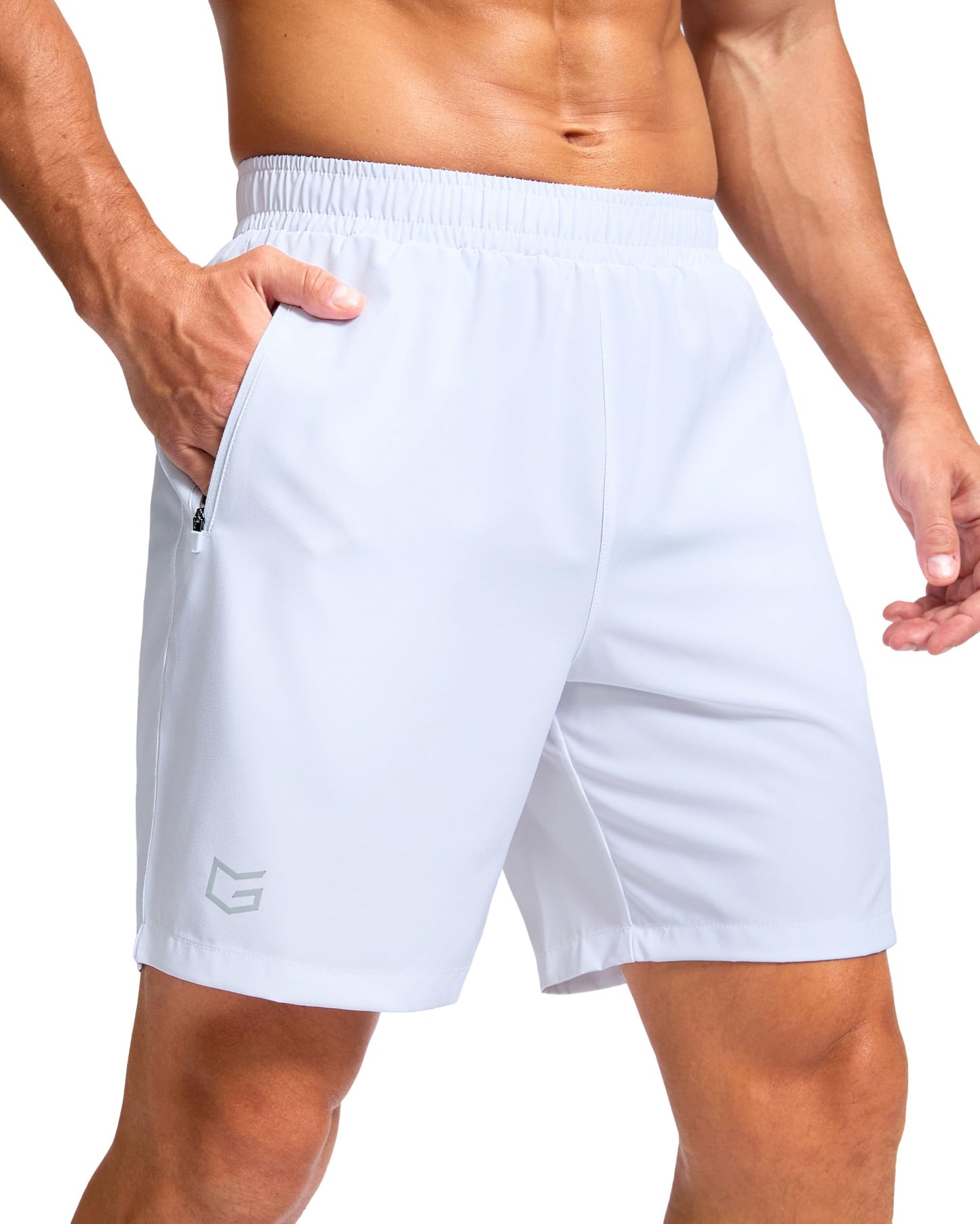 G Gradual Men's Athletic Running Shorts with 2 Zipper Pockets 7"/ 5"/ 9"(White,5S)
