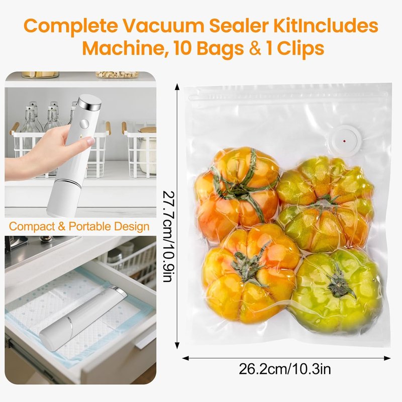 Compact Vacuum Sealer for Food - Portable Handheld Food Saver with 10 Reusable Bags | Seals Meat & Keeps Food Fresh 6X Longer