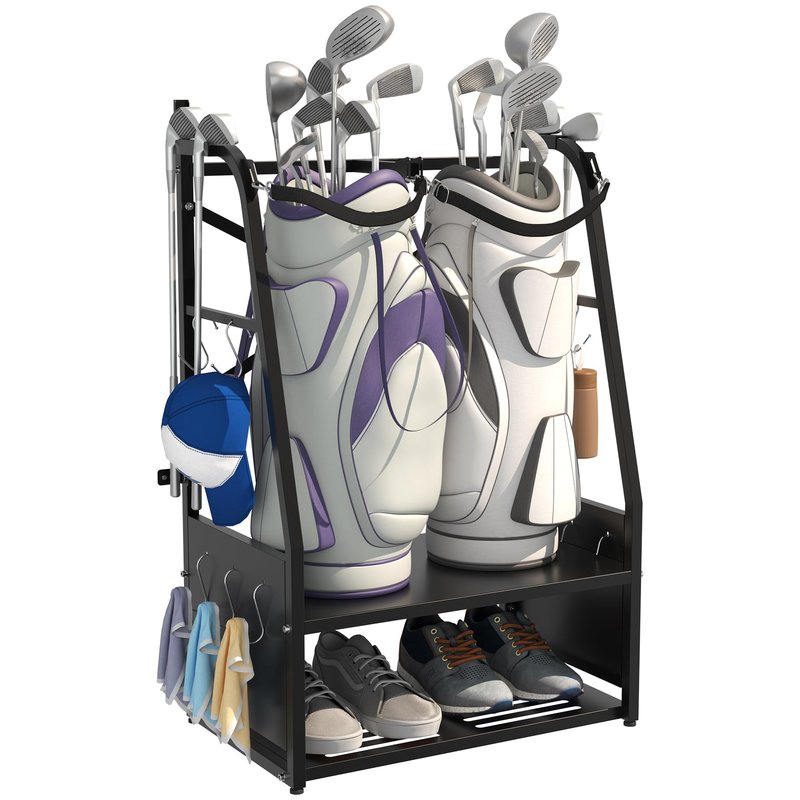 Eastrexon Golf Bag Organizer - Wall Mount & Freestanding - Holds 2 Golf Bags w/ 4 Club Racks, 10 Hooks & Storage Shelf - Golf Bag Stand w/Adjustable Feet for Garage, Store, Club, Shed