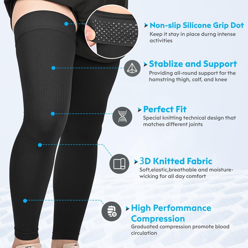 KEKING Full Leg Compression Sleeves, Unisex, Thigh High Compression Stocking 20-30mmHg Graduated Support for Thigh Calf Knee, Running, Basketball, Reduce Varicose Veins and Swelling, All Black L