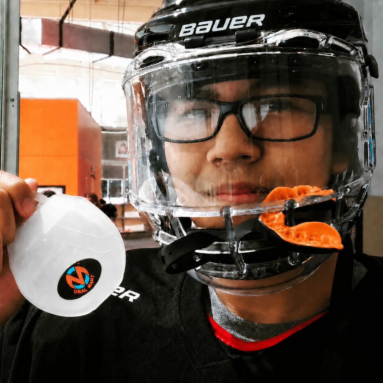 Oral Mart Strapped Youth Mouth Guard for Kids (Black/Orange) - Sports Mouthguard with Connected Strap for Football, Ice Hockey, Lacrosse, Taekwondo