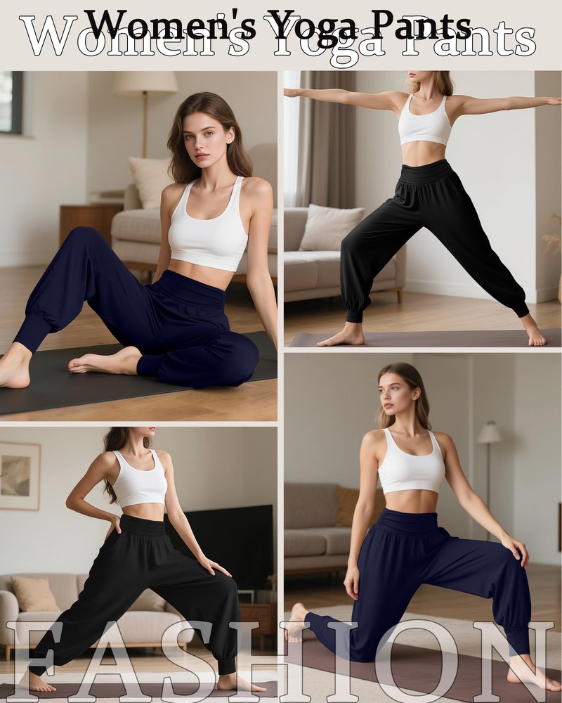 Locoowai 2 Pack Women's Yoga Joggers, Cozy Sweatpants with Pockets Casual Loose Comfy High Waisted Lounge Pants(Black, Navy Blue,Medium)