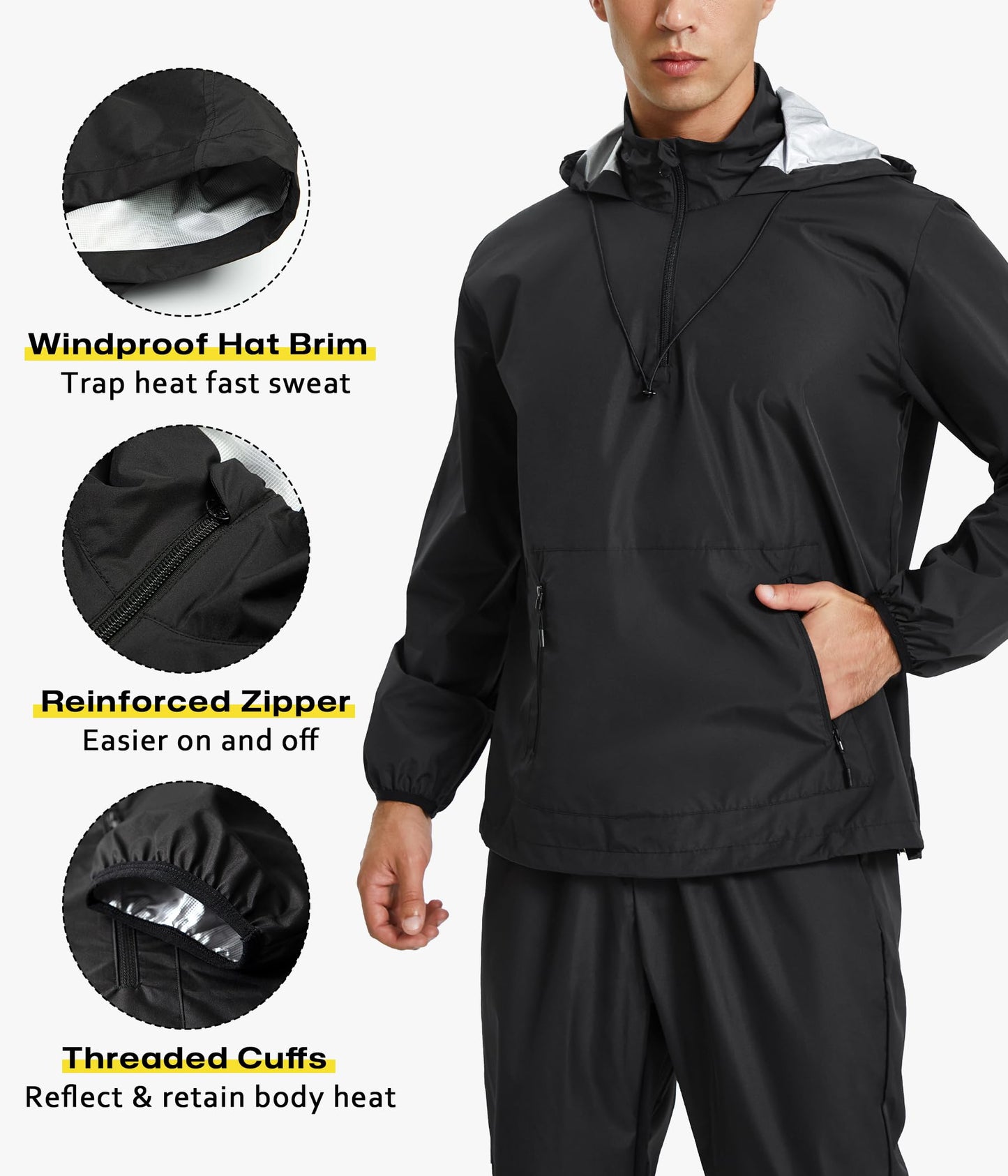 Junlan Sauna Sweat Jacket for Men Zipper Hoodie Sauna Suit for Workout