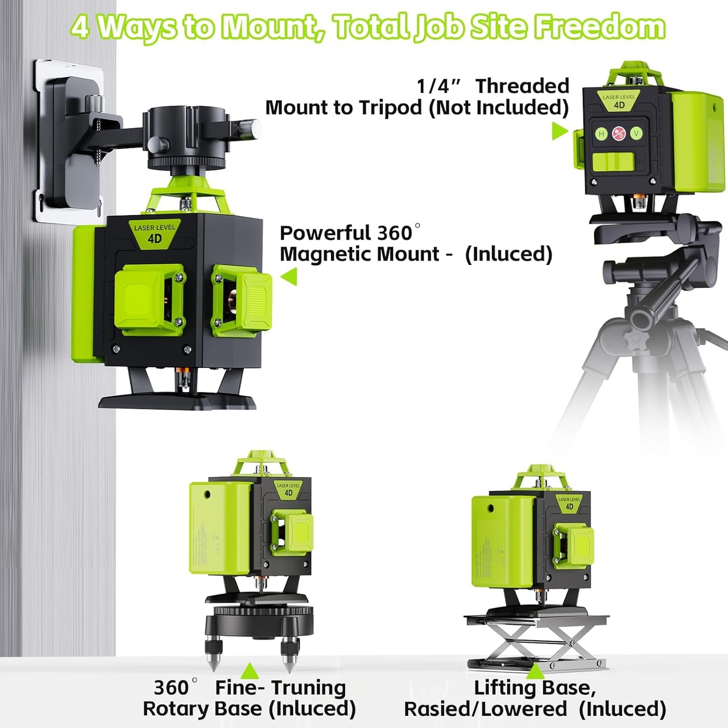 16 Line Laser Level - 360° Self-Leveling Green Laser Tool for Picture Hanging & Construction | Includes 2 Batteries, Magnetic Bracket, Remote Control