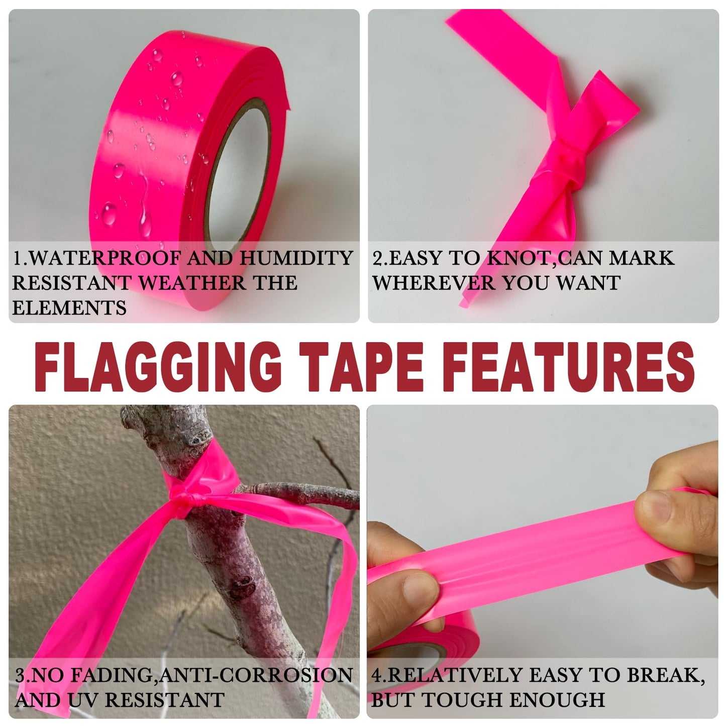 GEYYANG Fluorescent Pink Flagging Tape 6 Pack, Non-Adhesive Plastic Ribbon Tree Marking Tape, for Survey Boundaries, Hunting, Trail Marking and Hazardous Areas, 1" x 100ft,3.35 Mil