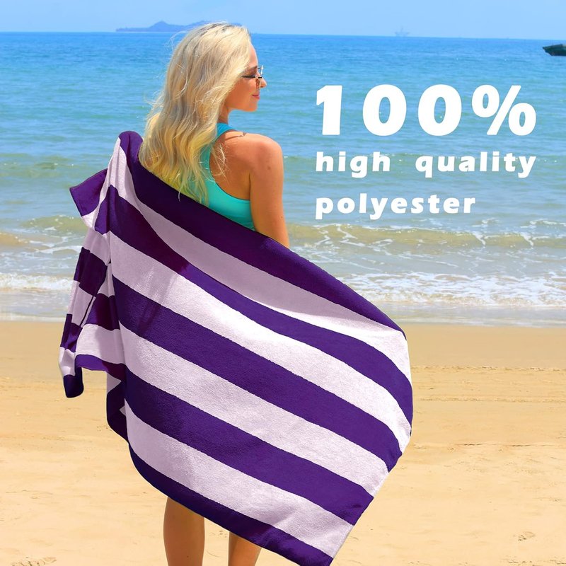Large Microfiber Beach Towels Set - Quick Dry Cabana Striped | 2-Pack, Purple, 30" x 60" - Lightweight & Highly Absorbent