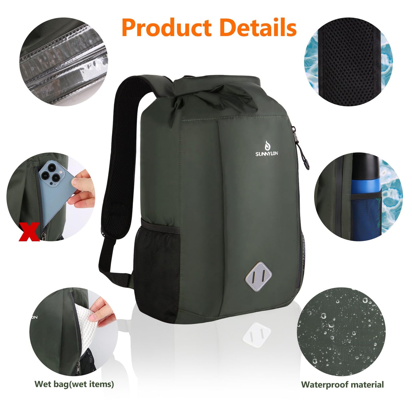 Sunnylon Dry Bag Backpack, 20L Dry Bags Waterproof with Waist Pouch and Phone Case,Roll top Dry bag for kayaking,Marine dry bag for Kayaking,Beach, Rafting, Boating, Hiking, Camping and Fishing