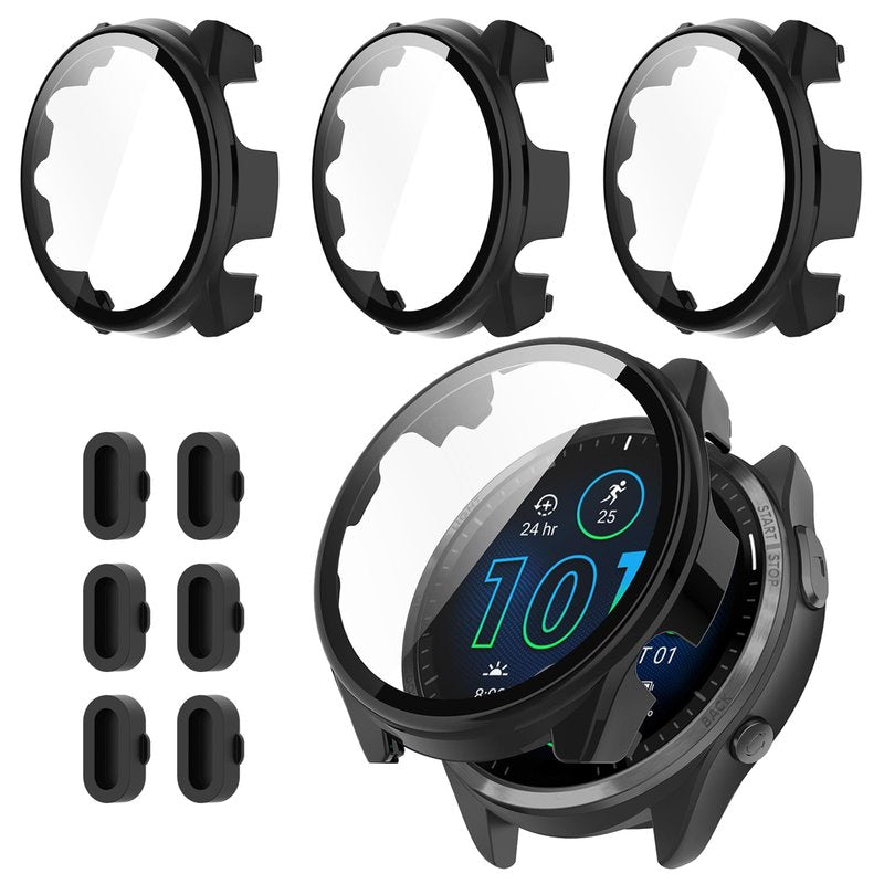 Kimiyaki 3+6 Pack for Garmin Forerunner 965 Screen Protector Case with Charger Port[Full Coverage], Hard PC Bumper All-Around Protective Accessories Built-in 9H Tempered Glass Film