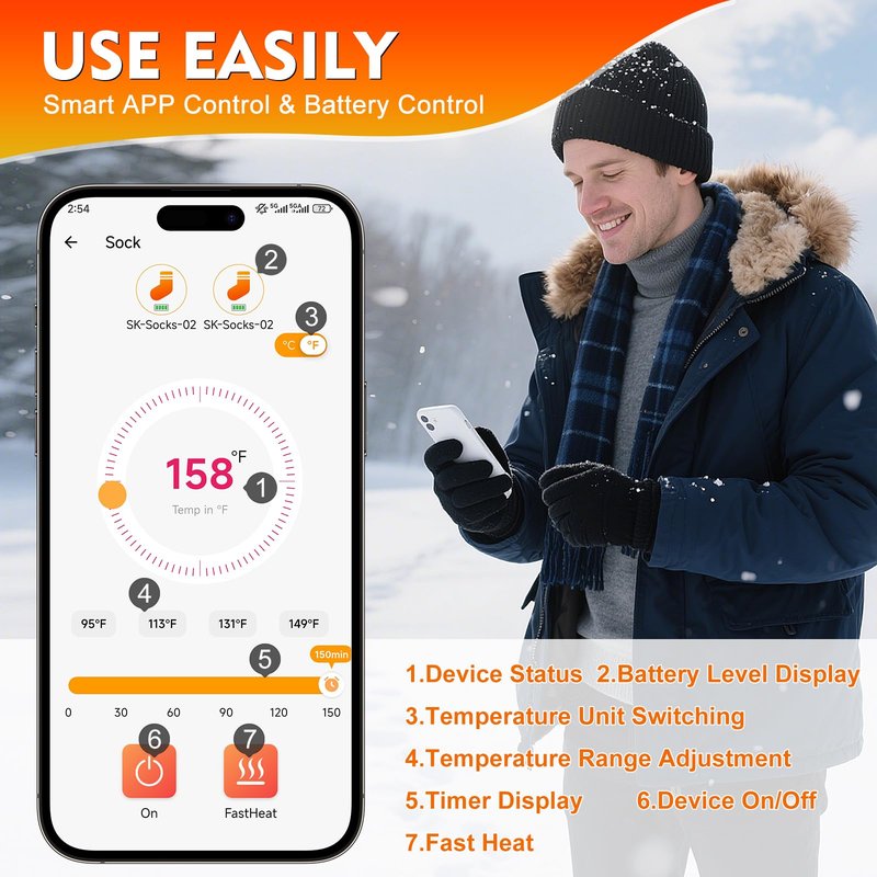 Youtelit Heated Socks for Men Women with App Control, 8000mAh Electric Heated Socks Rechargeable Batteries for Up to 10 Hours of Heat, 360° Heating, Washable Winter Foot Warmer for Skiing, Camping, XL