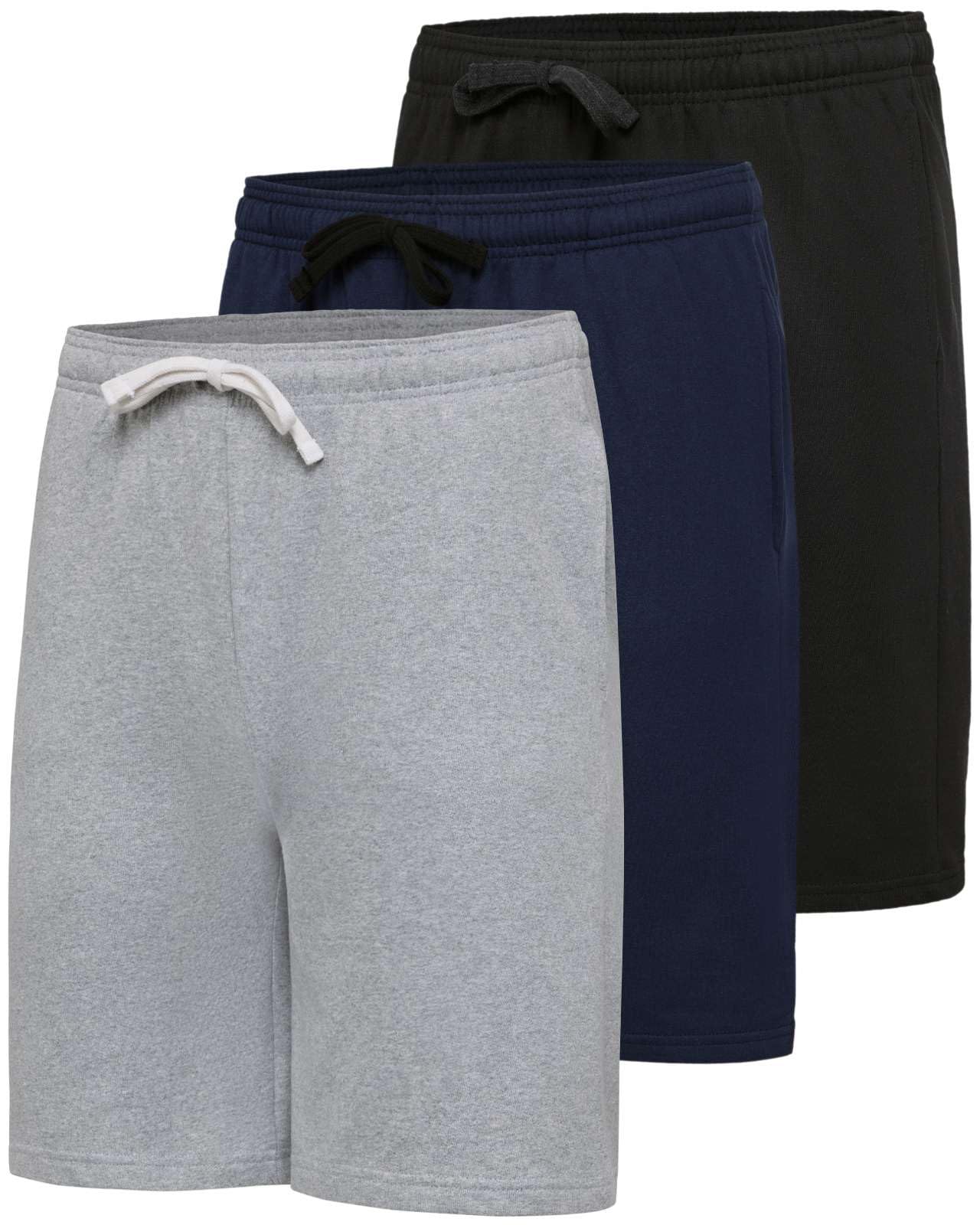 Real Essentials 3 Pack: Shorts Mens Gym Casual Workout Athletic Sweat Short Pajama Cotton Sleep Lounge Basketball Pockets 9 Inch Inseam Drawstring Fleece Pull On Elastic Jersey Knee Length Running