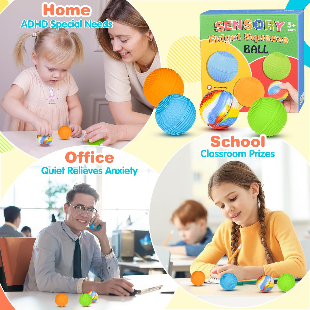 QINGLER Sensory Fidget Squeeze Balls 4 Pack for Kids & Adults