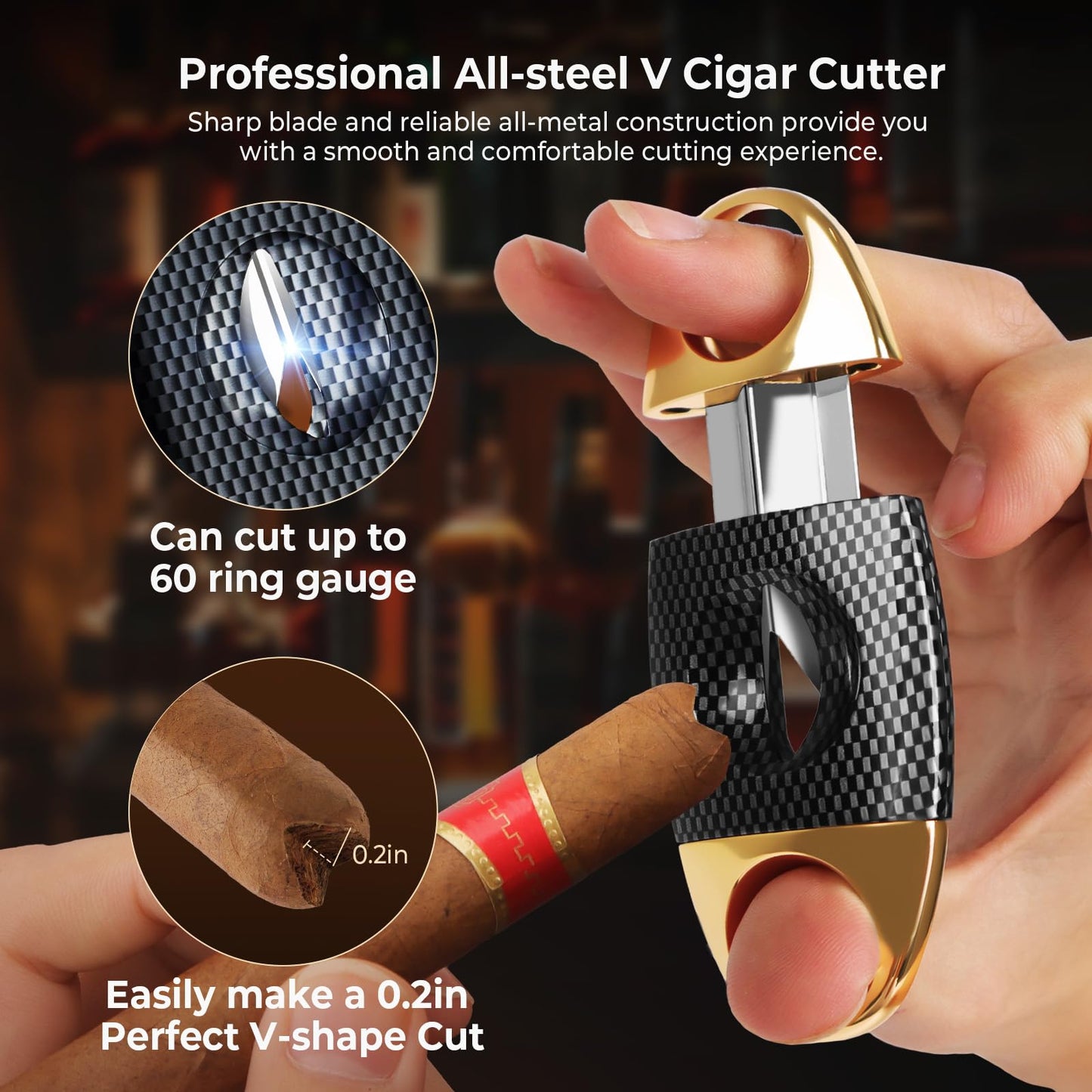 Kirenp Butane Torch Lighter and Cutter Set, with Quad Jet Flames (without Butane Fuel (Lighter & V Cutter Set), Carbon Fiber Gold