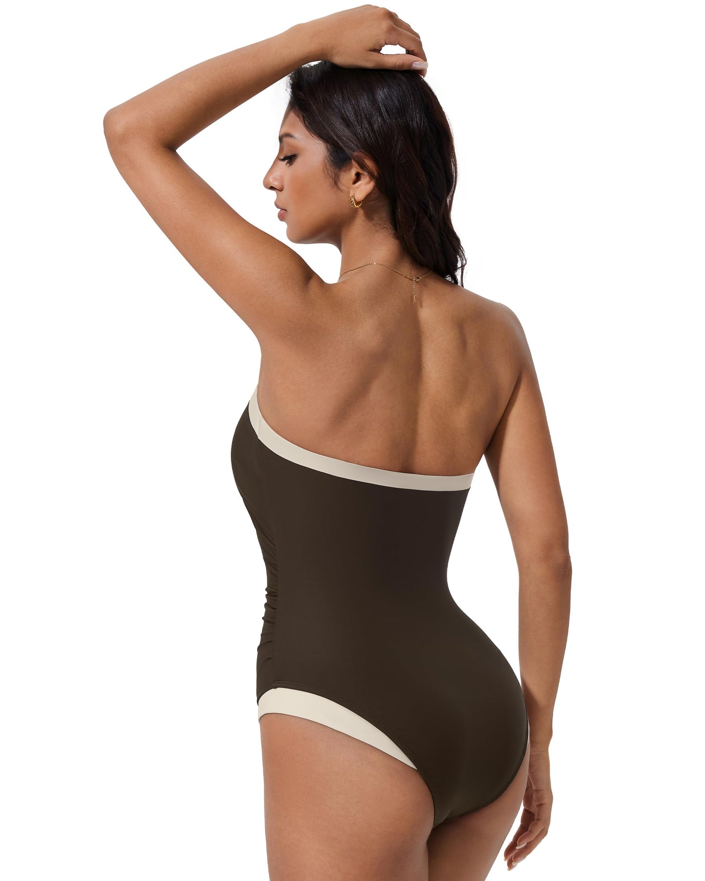 SUUKSESS Women Sexy One piece Tummy Control Swimsuit Strapless Bandeau Slimming Halter Swimwear 2025 Colorblock Backless Bathing Suit (Brown,Medium)