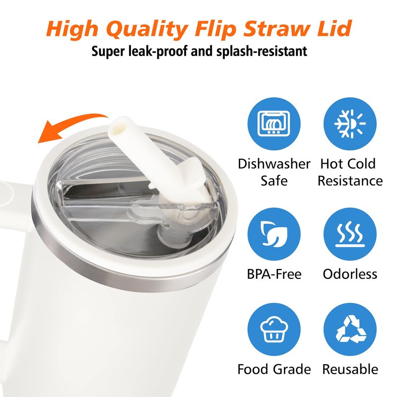 BLACKYEW 40 oz Tumbler Flip Straw Lid for Stanley Cup Accessories, 2 Pack Leak Proof Lid Replacement 40 oz for Stanley Quencher, Reusable No Spill Flip Straw Tumbler Cover (Cream White)