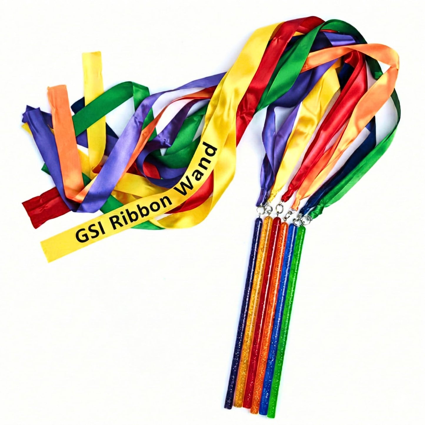 GSI Multicolor Sparkling Gymnastic Ribbon Wands [6 Pack] with 9 inch Stick and 1 Meter Ribbon for Gym, Training, Circus, Dance, Baton Twirling, Dancing Streamers (Pack of 6)