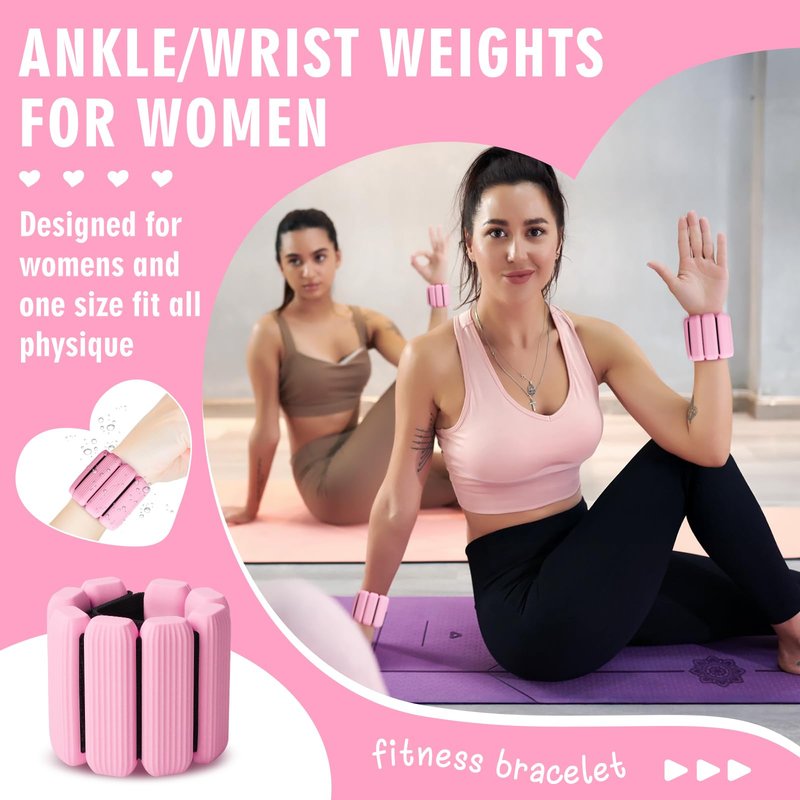 Wrist Weights, Adjustable Wrist Ankle Weights for Women and Men (1 lb Each), 2Pack Wearable Silicone Bracelets SuitableSuitable for Walking, Yoga, and Gym, Arm & Leg Workout, 2lb (Pink)
