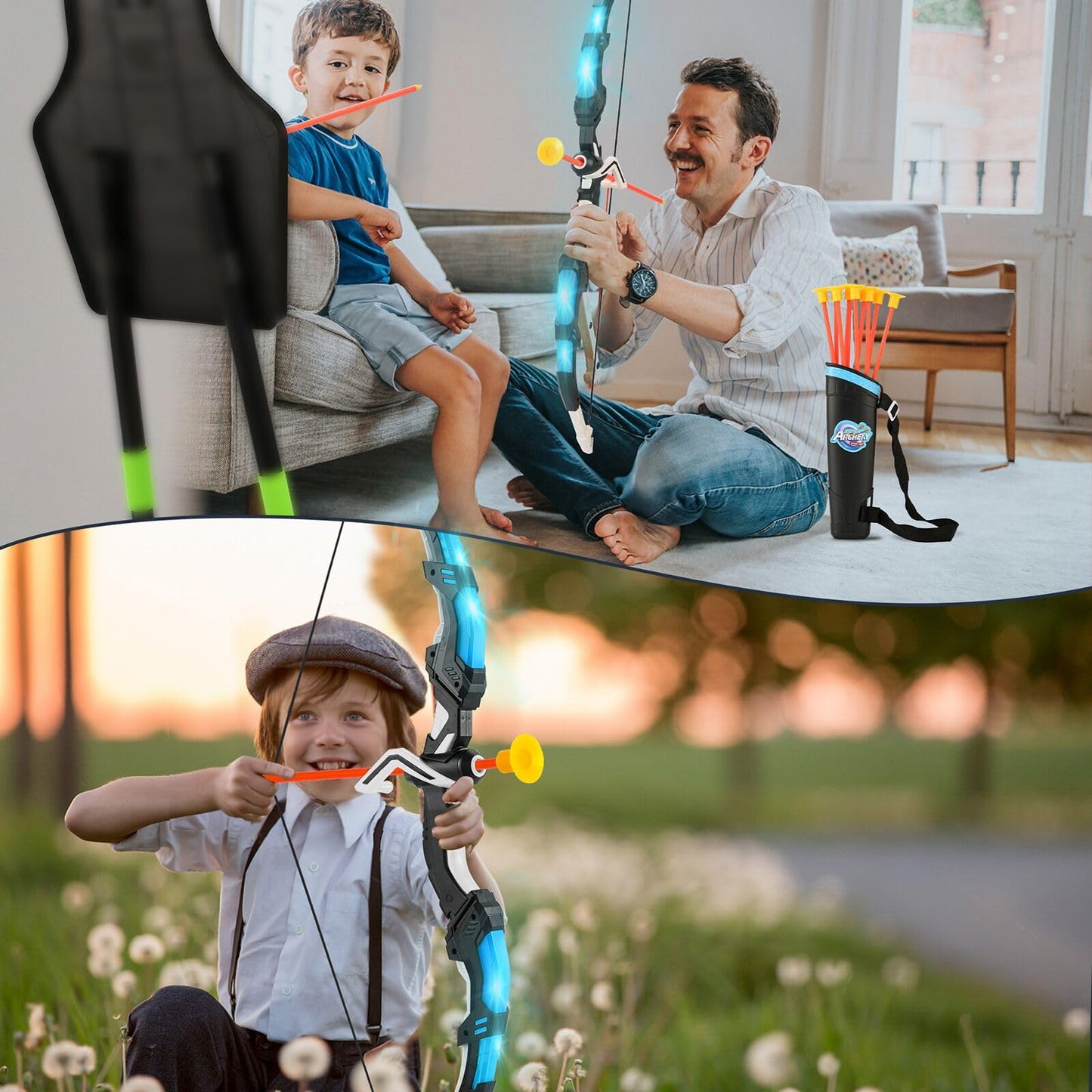 Handwell Bow and Arrow Set for Kids LED Light Up Archery Set with 10 Suction Cup Arrows Indoor Outdoor Toys with Standing Target & Quiver, Xmas Birthday Gifts for Boys Girls Age 4-8 8-12