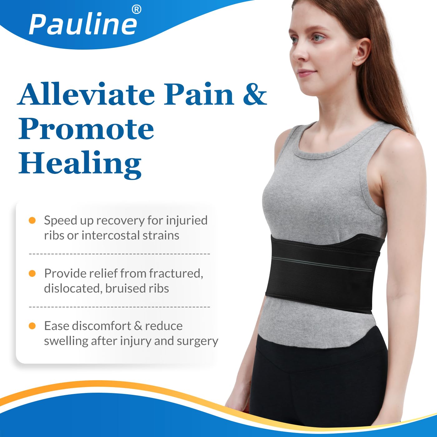 Pauline Broken Rib Brace for Women - Compression Chest Binder for Cracked Ribs Support & Chest Pain Relief - Rib Belt for Bruised Rib Cage (Black, Fits 30”-45”)