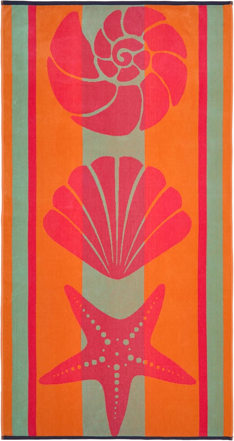 Ozdilek Luxury Turkish Cotton Beach Towel | Oversized Quick-Dry Velour, Sunset Seashell Design, Eco-Friendly 34x64