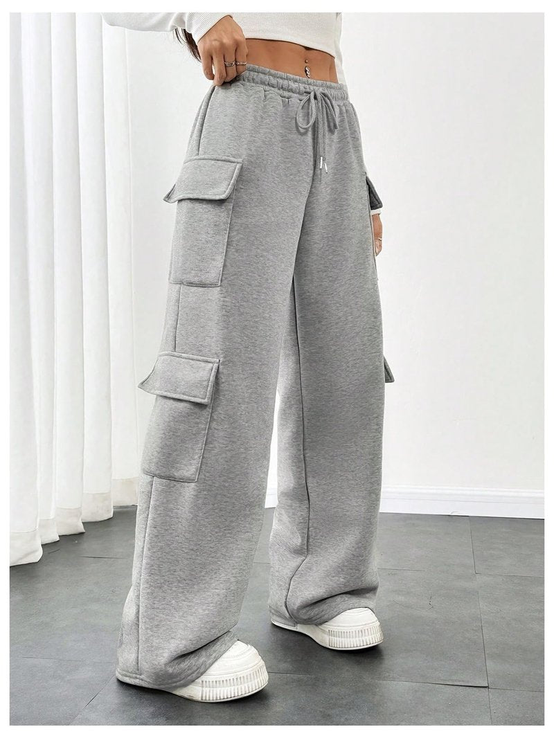 RoseSeek Women's Wide Leg Sweatpants Drawstring Waist Baggy Cargo Pants Casual Trousers with Pockets Grey Medium