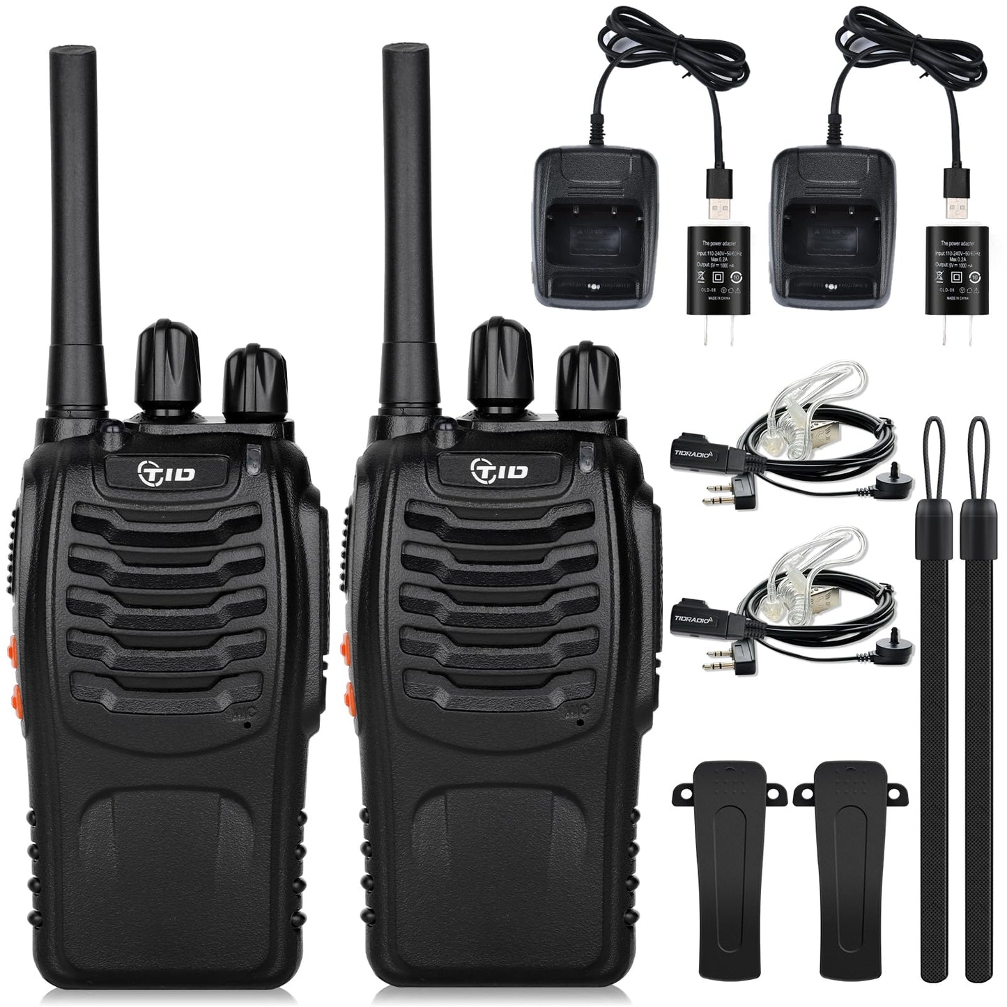 TIDRADIO TD-V2 Walkie Talkies for Adults Long Range, Rechargeable Two Way Radio Earpiece with MIC,16 Channels Handheld Walkie-Walkie(2 Pack, Black)