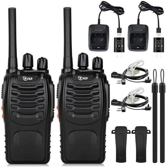 TIDRADIO TD-V2 Walkie Talkies for Adults Long Range, Rechargeable Two Way Radio Earpiece with MIC,16 Channels Handheld Walkie-Walkie(2 Pack, Black)