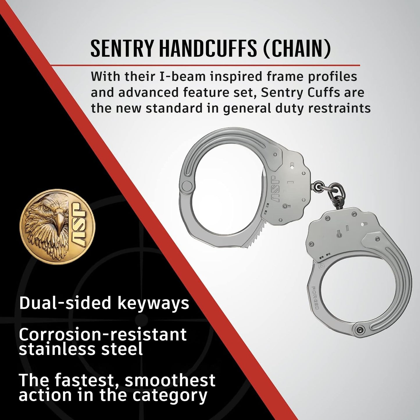 ASP Sentry Chain Handcuffs, Professional Grade, Stainless Steel Frames, Forged Steel Bows, Dual-Sided Keyways, and Double Lock Slots for Tactical Gear and Equipment