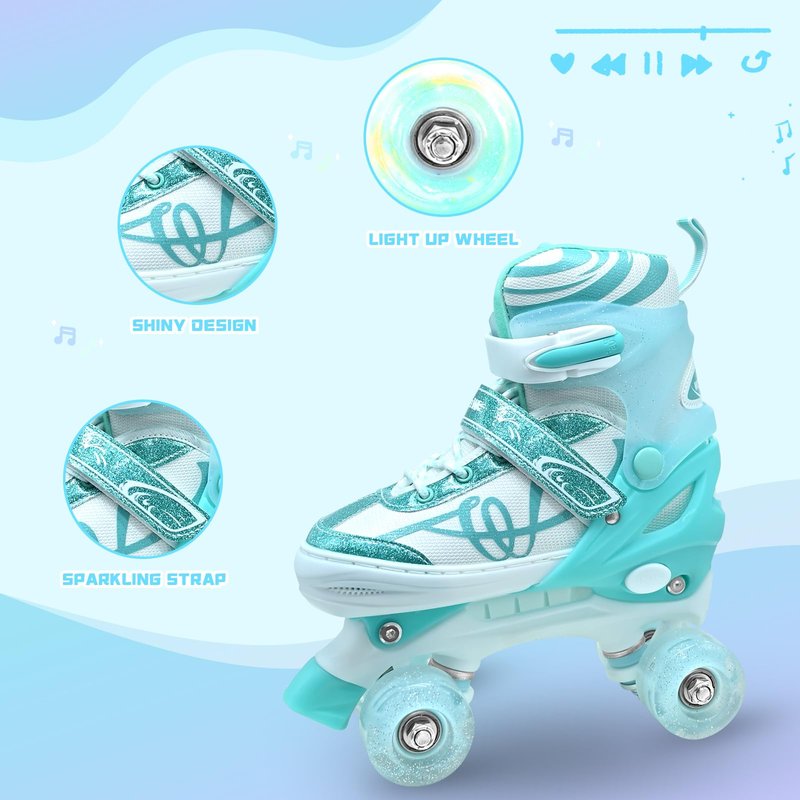 Roller Skates for Kids, Adjustable Quad Skates for Girls and Boys Ages 12-14 with Light Up Wheels, Children Beginners Rollerskates Size 5 6 7 8 Green for Indoor Outdoor