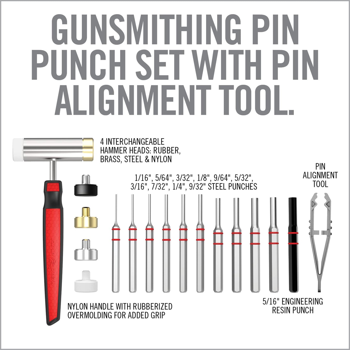Real Avid Pin Punch Set & Hammer + Non-Slip Magnetic Bench Block | 10 Standard Nickel-Plated Steel Pin Punches, 4 Interchangeable Hammer Heads - Brass, Steel, Rubber, Nylon & Non-Marring Bench Block