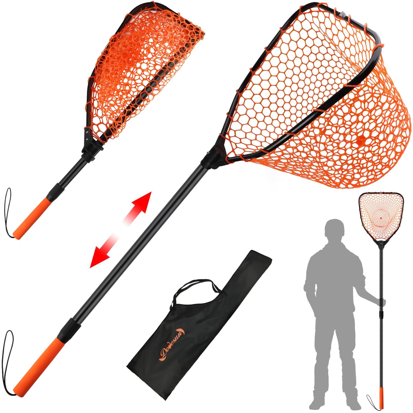 Dovesun Rubber Fishing Landing Nets Telescopic Handle Nets Folding Nets with Collapsible Handle for Catch & Release Fishing Gift 17.6" dia-13.7" Depth Orange