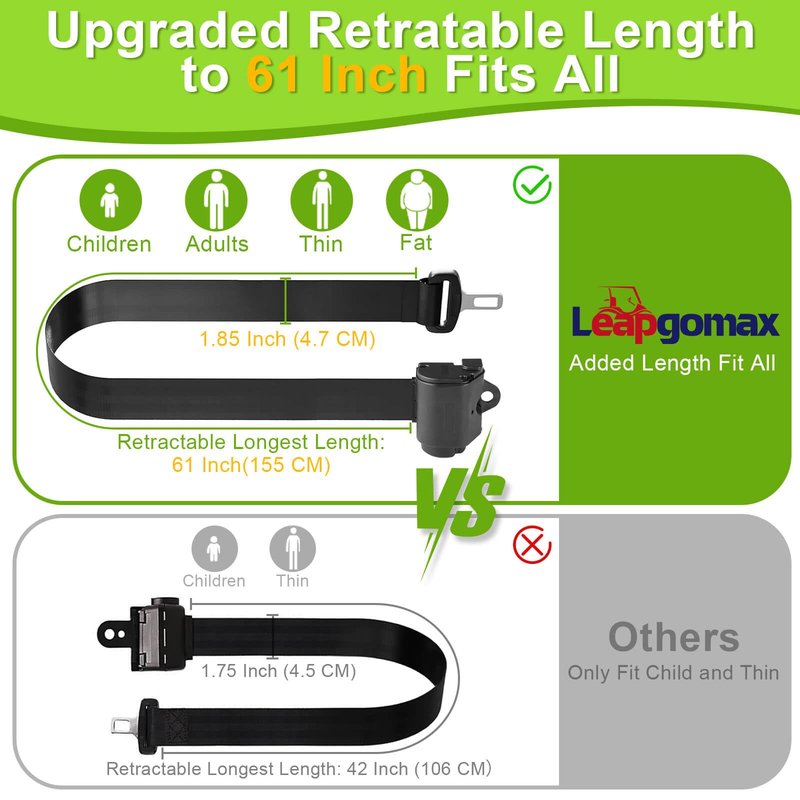 Retractable 61" DOT Golf Cart Seat Belts Kit Street Legal Universal for All Users Compatible for EZGO TXT Yamaha Club Car Golf Carts(NOT FIT 2 Passenger Club Car Precedent Yamaha G29 Drive EZGO RXV)