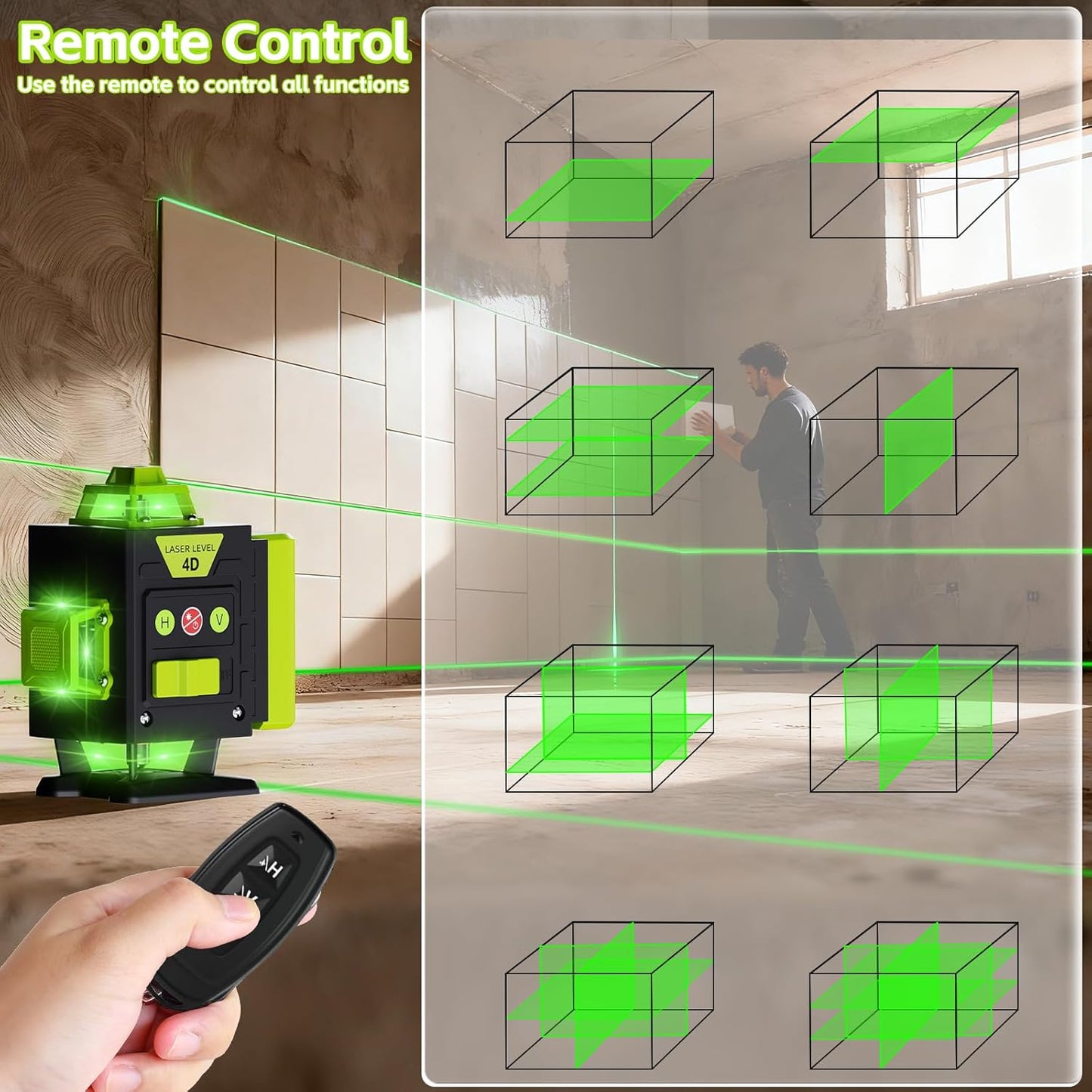 16 Line Laser Level - 360° Self-Leveling Green Laser Tool for Picture Hanging & Construction | Includes 2 Batteries, Magnetic Bracket, Remote Control