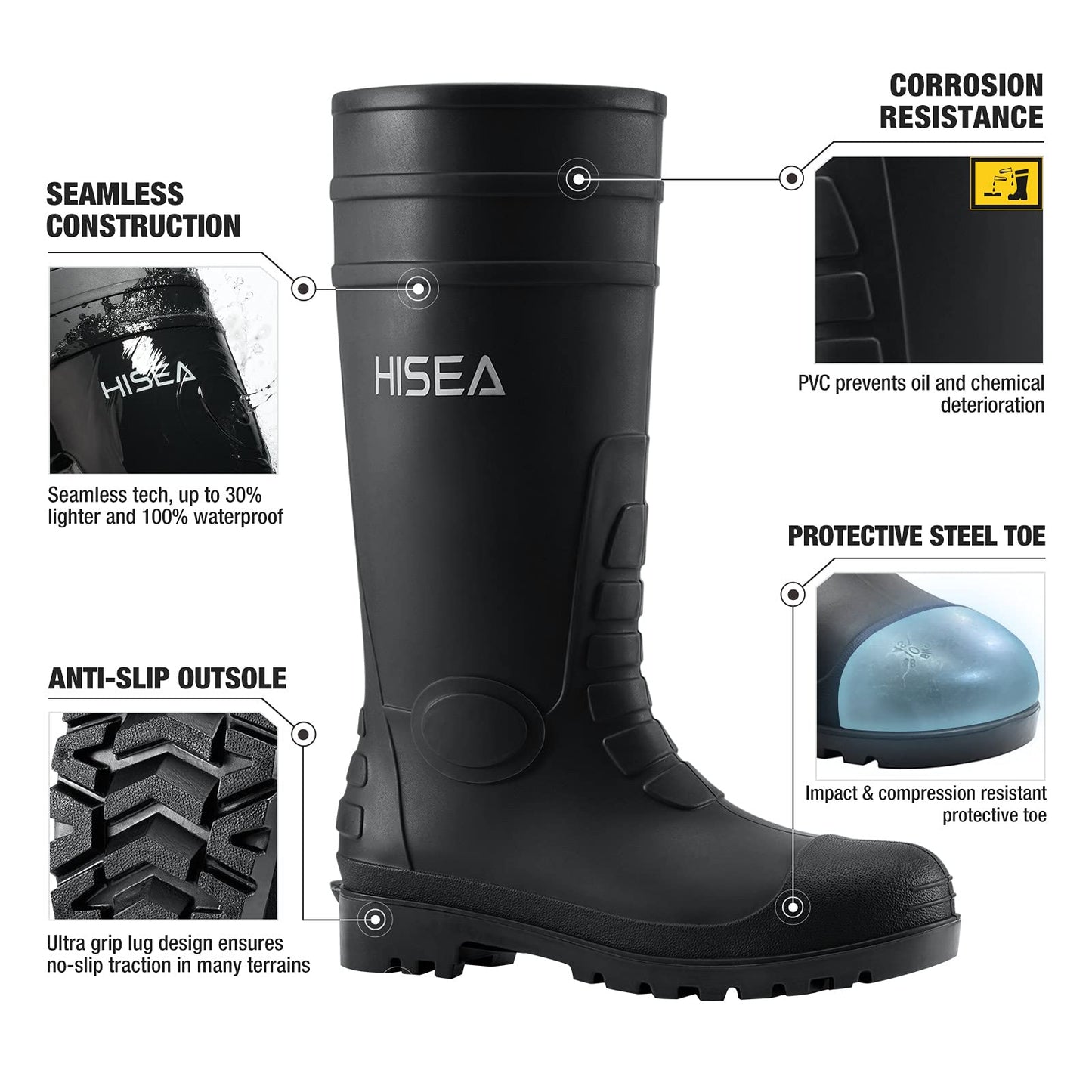 HISEA Men's Steel Toe Rain Boots PVC Rubber Boots, Waterproof Garden Fishing Outdoor Work Boots, Durable Slip Resistant Knee Boots for Agriculture and Industrial Working, Black Size 10