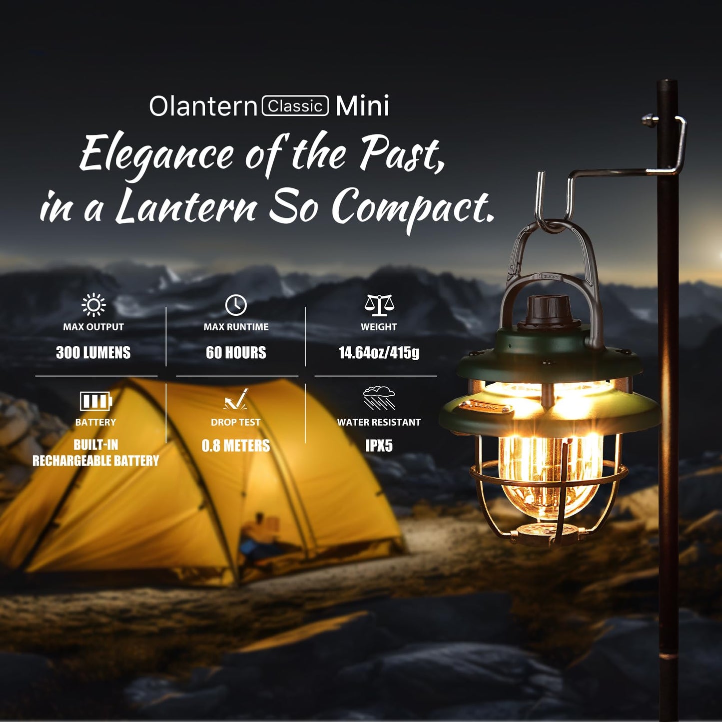 OLIGHT Olantern Classic Mini LED Camping Lantern, Lightweight Rechargeable Lantern Flashlight 300 Lumens with Dual Light Sources, Portable Camp Lamp for Hurricane, Emergency, Hiking (Forest Green)