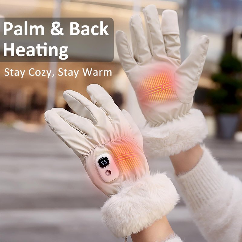 yoostooper Women's Heated Gloves, Off-White Glove with Palm & Back Heating Function, Rechargeable Touchscreen Gloves for Winter Outdoor Activities (Driving, Walking, Camping) - Medium