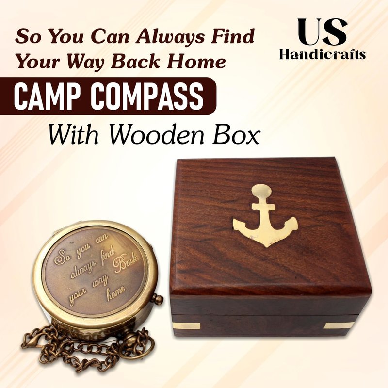 US HANDICRAFTS So You Can Always Find Your Way Back Home Engraved Brass Compass with Wooden Box | Inspirational Gift for Graduation, Birthday, Anniversary, Baptism, Valentine’s Day, Outdoor Adventures