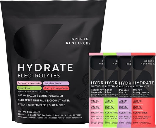 Hydrate Electrolytes Powder Packets - Sugar-Free, Naturally Flavored with Vitamins & Coconut Water - 16 Pack Variety Pack