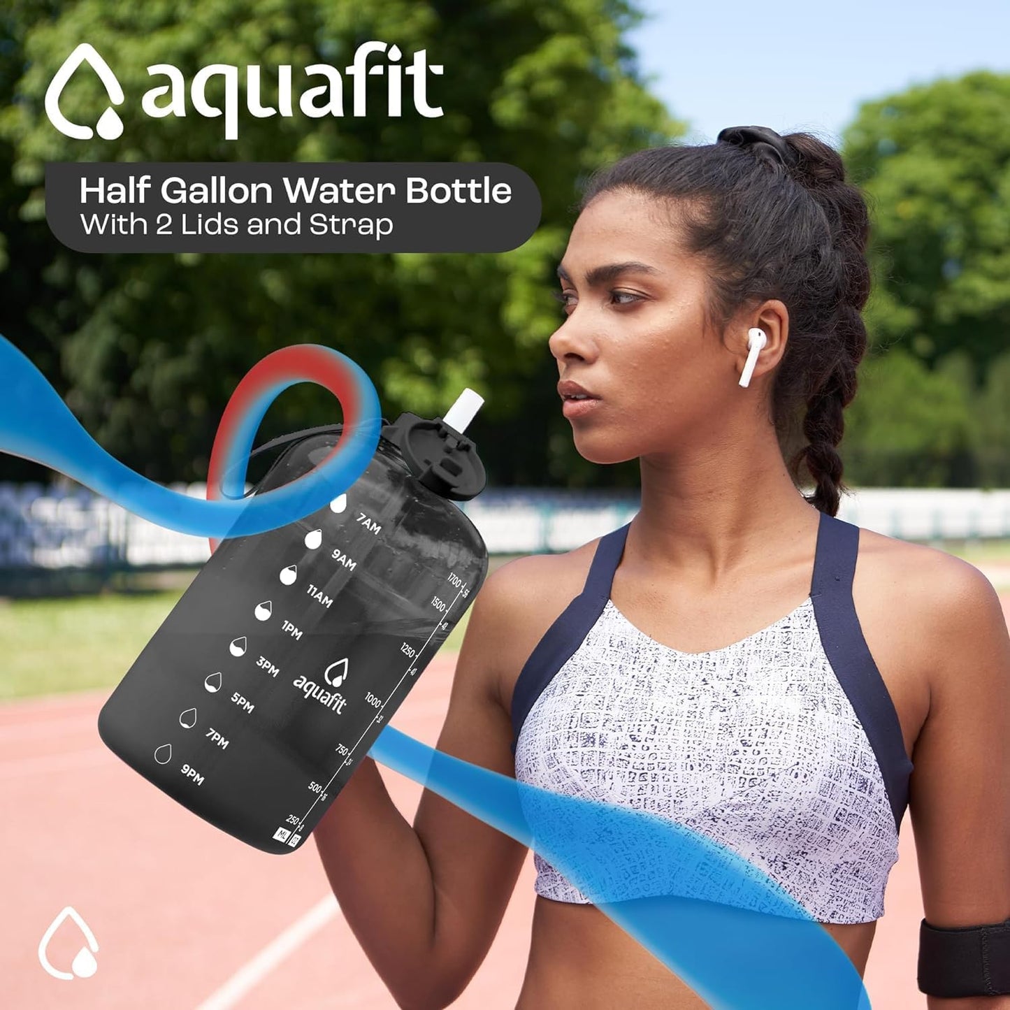 AQUAFIT 64 oz Water Bottle with Time Marker - Straw & Chug Lid - BPA Free Half Gallon Water Bottle, Big Water Bottle with Straw - Gym Water Bottle with Handle, Gallon Water Jug (Cool Mint, 64 oz)