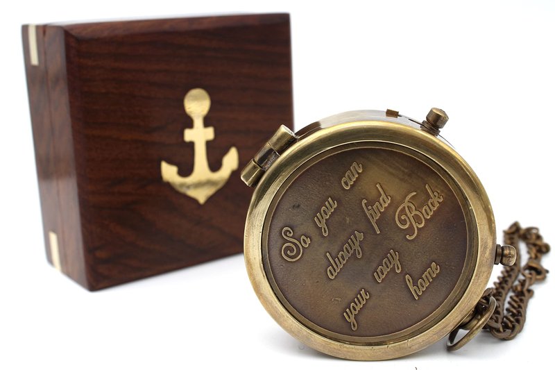 US HANDICRAFTS So You Can Always Find Your Way Back Home Engraved Brass Compass with Wooden Box | Inspirational Gift for Graduation, Birthday, Anniversary, Baptism, Valentine’s Day, Outdoor Adventures