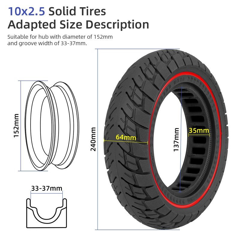 ulip 10x2.5 Solid Tire 10 Inch Electric Scooter Wheels Replacement Front or Rear Puncture-resistant Rubber Solid Tire
