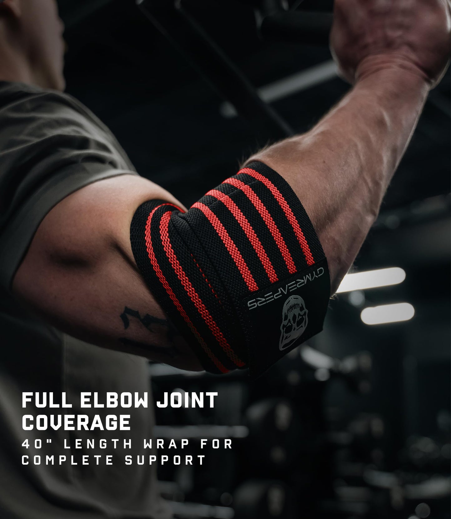 Gymreapers Weightlifting Elbow Wraps (1 Pair) - Flexible 40'' Elbow Compression Strap & Joint Support Brace - For Bench Press, Powerlifting, and Pressing (Red)