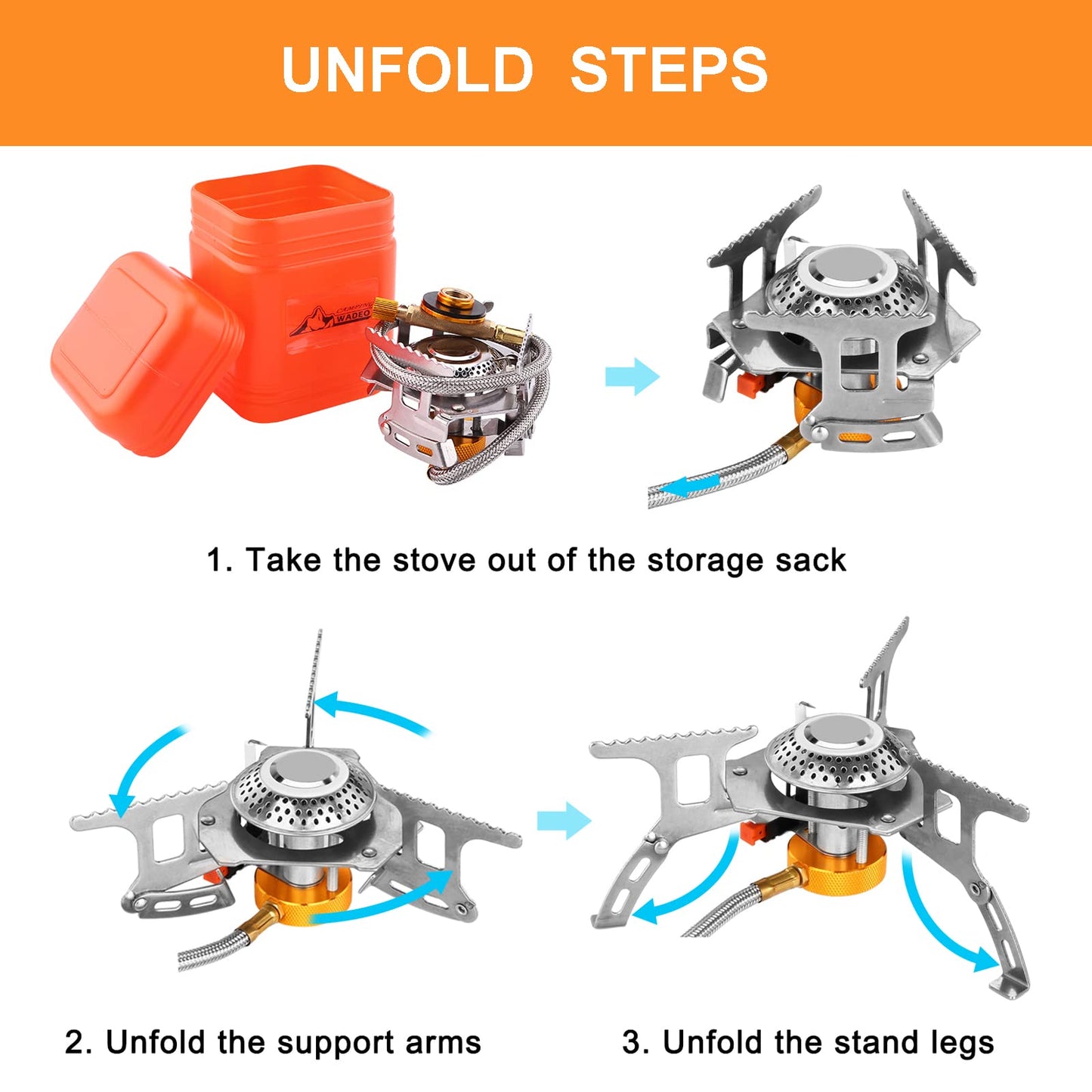 WADEO Camping Gas Stove, 3700W Portable Backpacking Stove with Piezo Ignition, Portable Burner, Camping Stove Adapter and Carrying Case for Outdoor Cooking