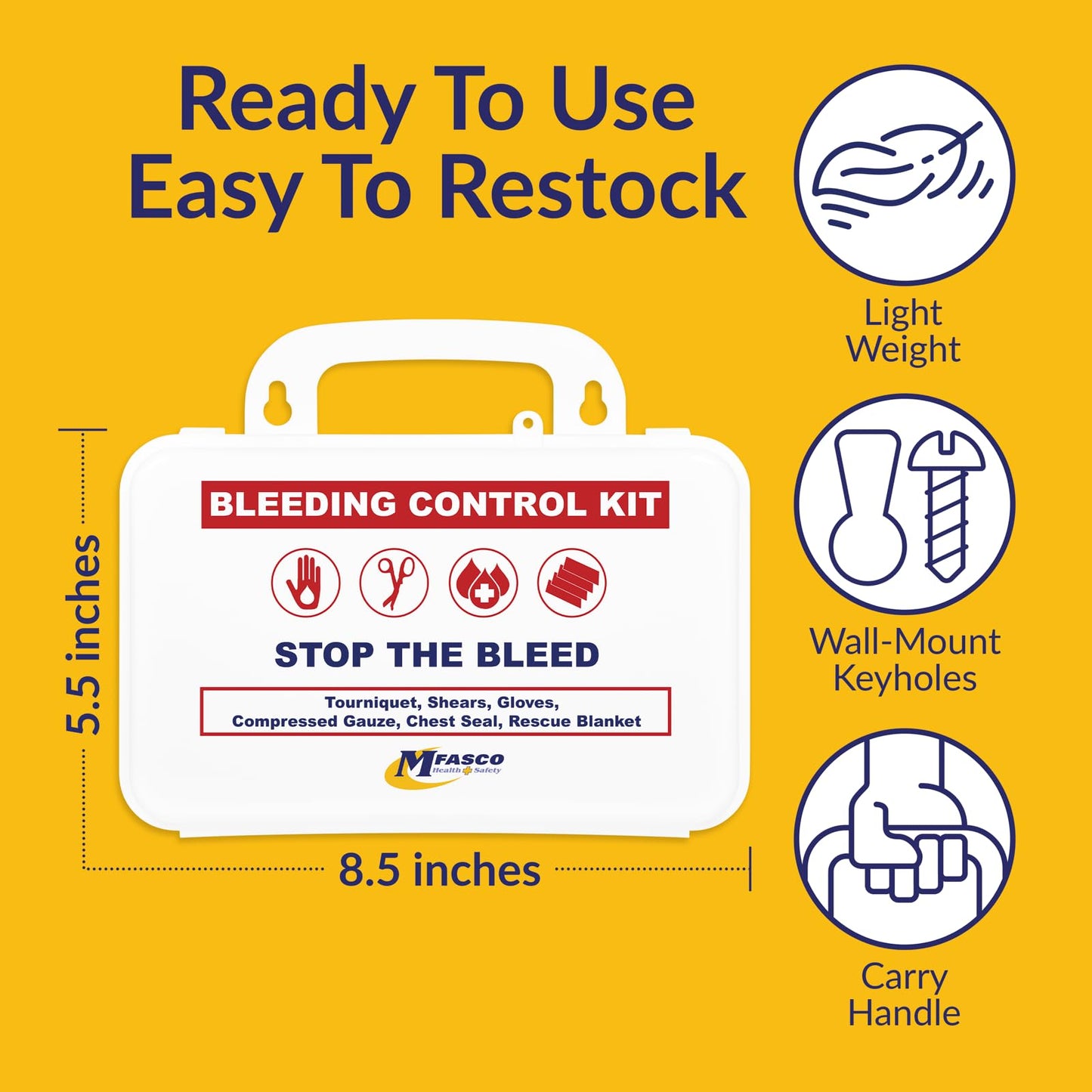 MFASCO 10-Piece Stop The Bleed - Bleeding Control Kit, Tourniquet, Compressed Gauze, Chest Seal, Portable, Easy-to-Open Packaging, Packed in A Plastic Kit That Can Be Mounted or Carried