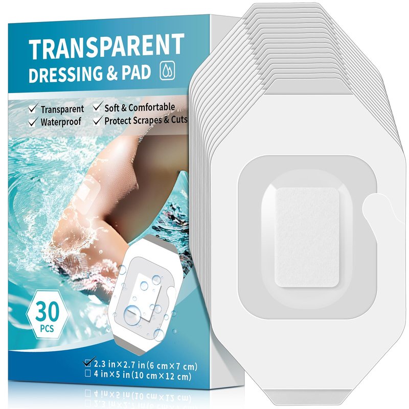 Geiserailie 30 Pack Transparent Film Bandage with Pad, Waterproof Adhesive Bandages, Cover Patches, Clear Film for Showering, Swimming, Tattoo(2.36 x 2.76 Inches)